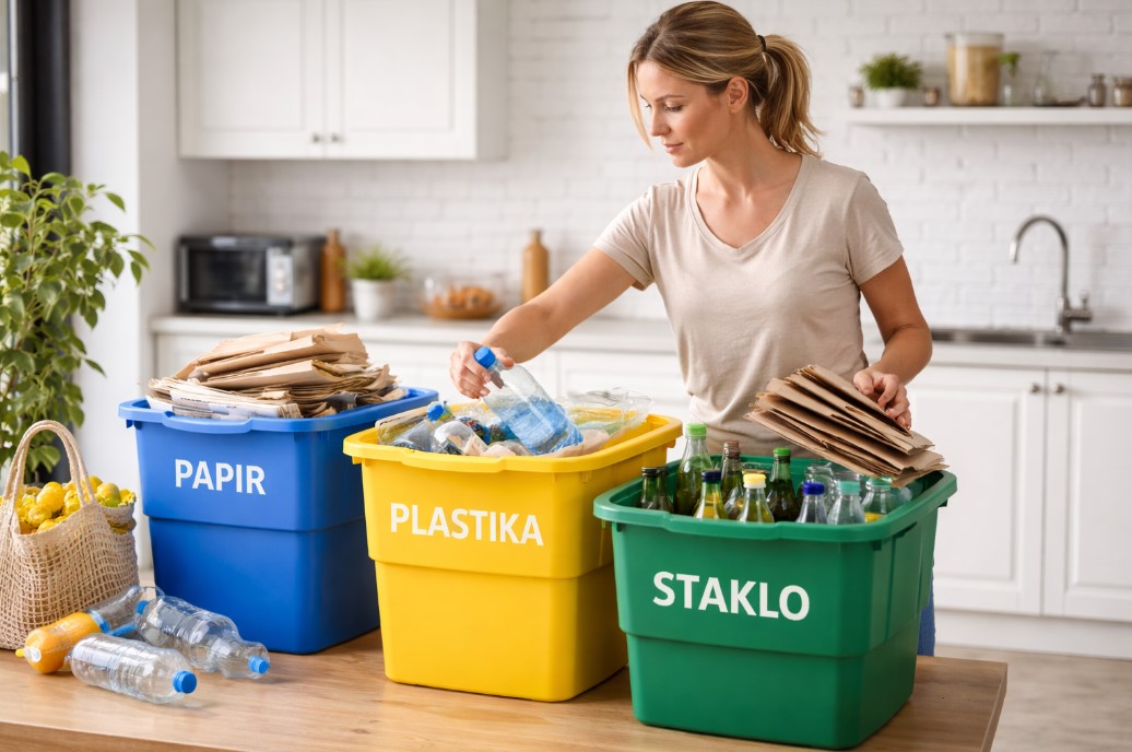 Odvajanje otpada u domaćinstvu osoba sortira plastiku papir i staklo