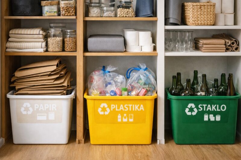 Ostava u kući sa jasno označenim prostorom za razvrstavanje otpada, uključujući kartonske kutije za papir, vreće za plastiku i posebnu kantu za staklo