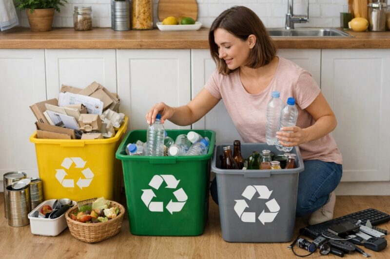 Osoba u kuhinji razdvaja plastični, papirni i stakleni otpad u različite kante za reciklažu.