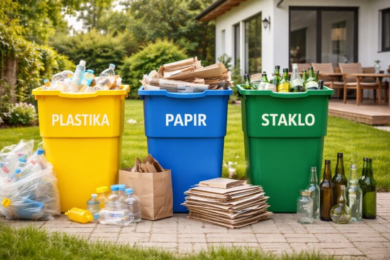 Tri kante za reciklažu u dvorištu označene plastika papir i staklo sa pravilno razvrstanim otpadom