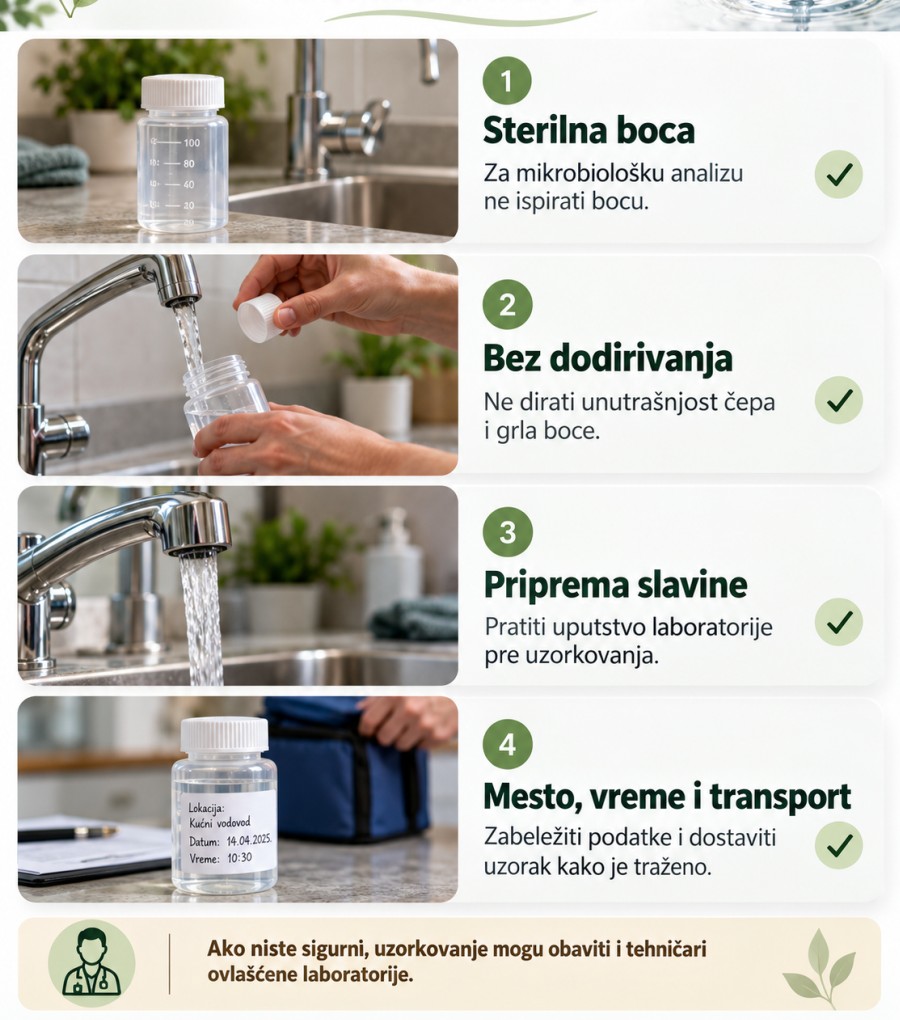 Infografik prikazuje četiri koraka za pravilno uzorkovanje vode: sterilna boca, izbegavanje dodirivanja unutrašnjosti čepa i grla boce, priprema slavine pre uzorkovanja i obeležavanje mesta, vremena i transporta uzorka